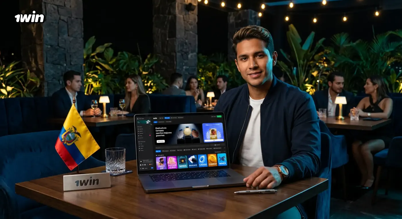 Hombre sonriente con una laptop con la web de 1win en un restaurante con una pequeña bandera de Ecuador sobre la mesa